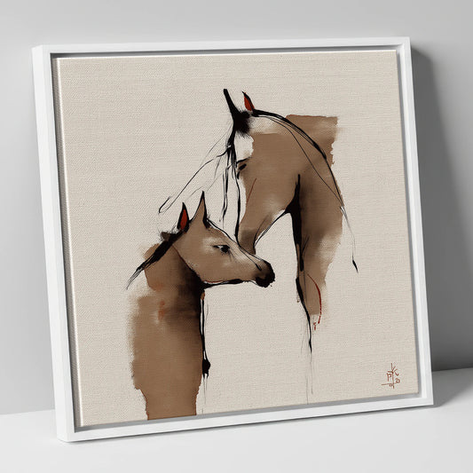 Silent Devotion mare & foal canvas wall art in white frame