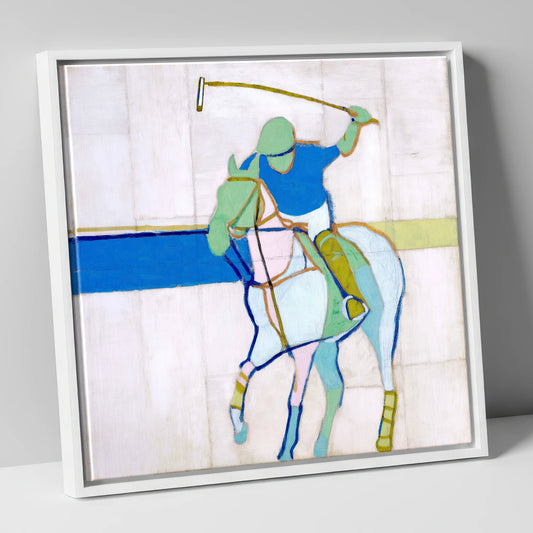 Mid-Swing Momentum polo horse canvas wall art in white frame