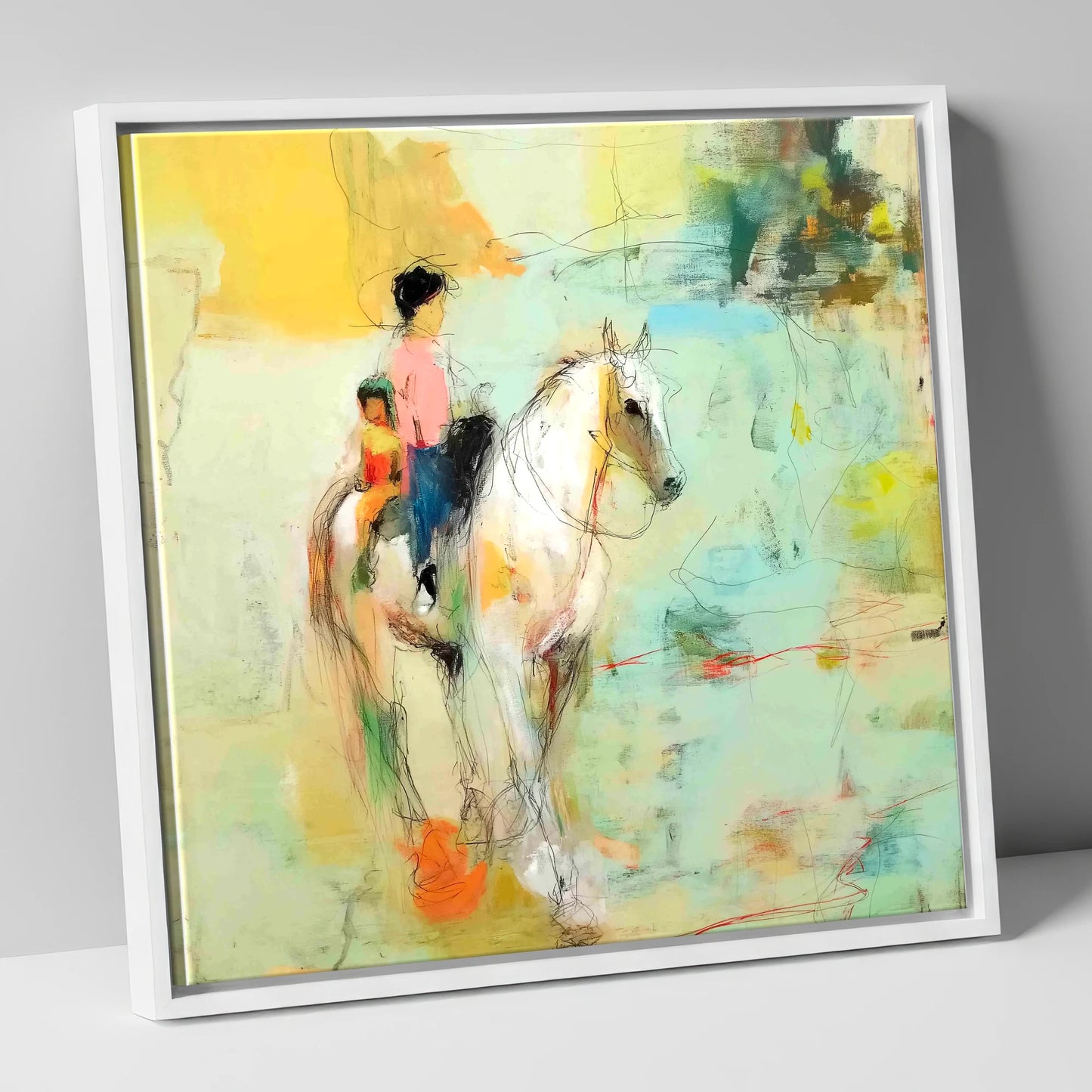 The Shared Ride horse & rider canvas wall art in white frame