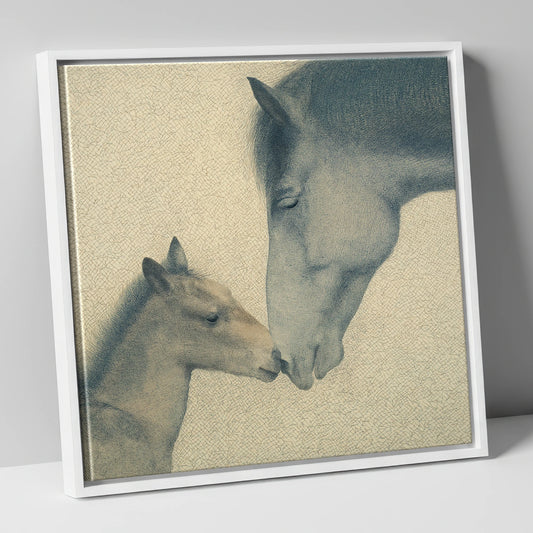 Quiet Devotion mare & foal canvas wall art in white frame