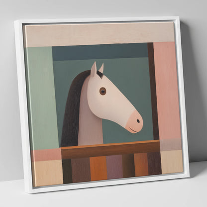 The Quiet Stable Companion horse stable canvas wall art in white frame