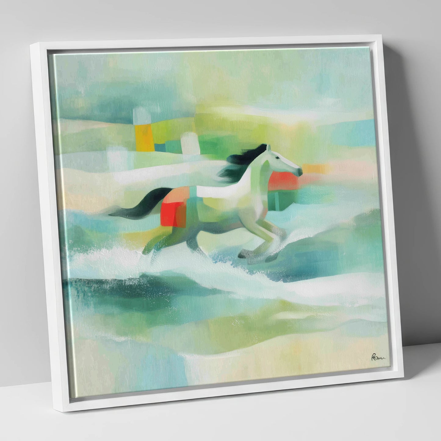 Modern Coastal Canter beach horse canvas wall art in white frame