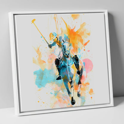 The Decisive Strike polo horse canvas wall art in white frame