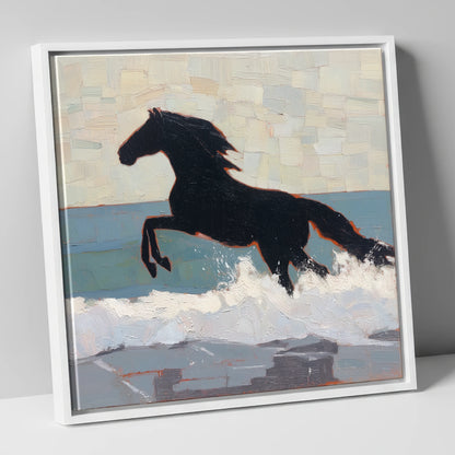 Surf Breaker Silhouette beach horse canvas wall art in white frame