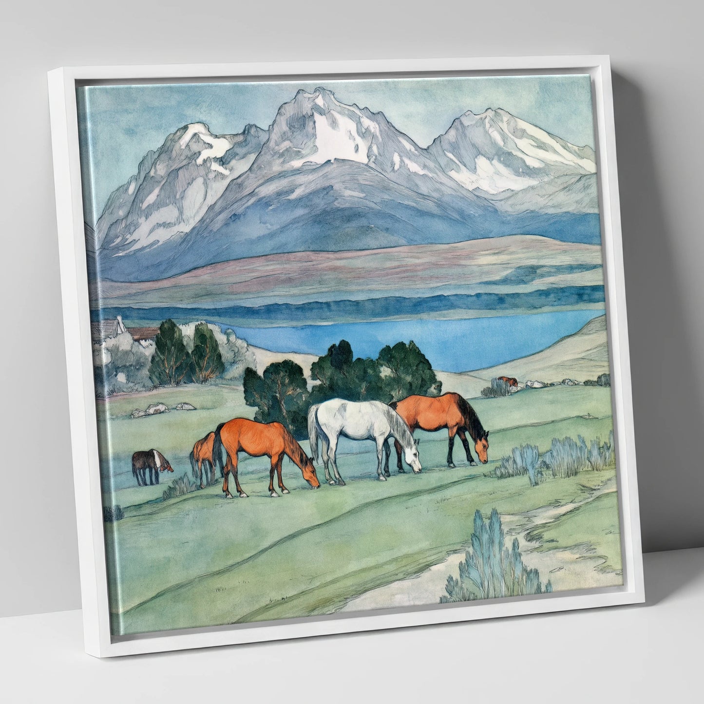 Alpine Lake Pastures horse landscape canvas wall art in white frame