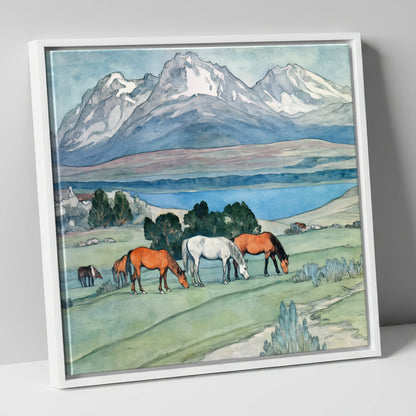Alpine Lake Pastures horse landscape canvas wall art in white frame