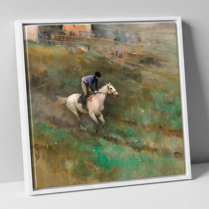 Through the Morning Mist racing horse canvas wall art in white frame