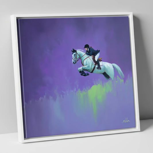 Violet Suspension show jumping horse canvas wall art in white frame