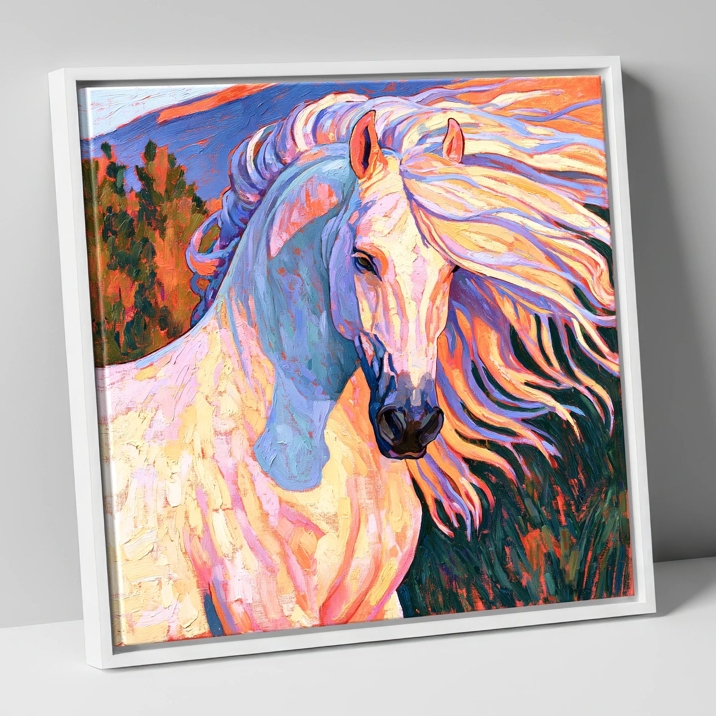 Colourful Andalusian Stallion Portrait horse breed canvas wall art in white frame