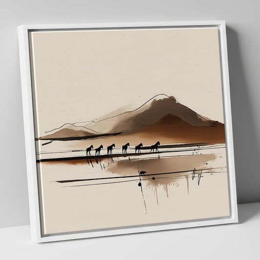 Journey Beneath the Peak horse landscape canvas wall art in white frame