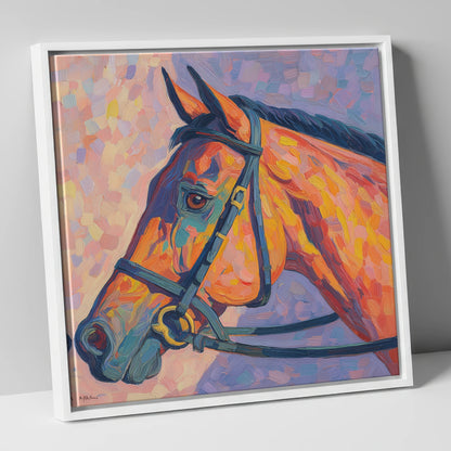 Vivid Equine Gaze racing horse canvas wall art in white frame