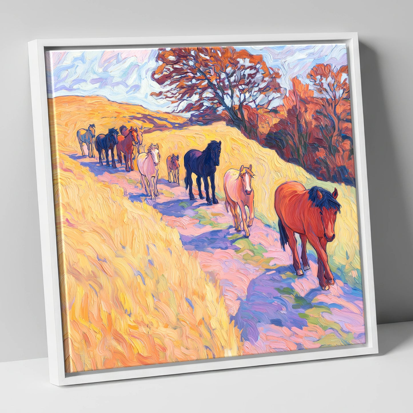 Homeward Bound Herd horse landscape canvas wall art in white frame
