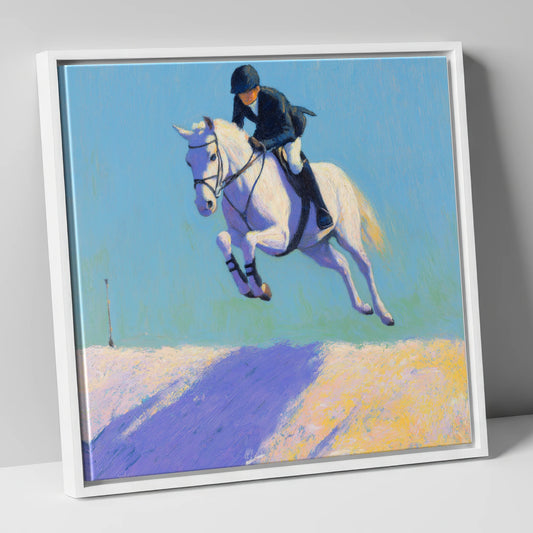 Airborne in Violet Light show jumping horse canvas wall art in white frame