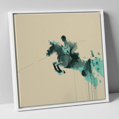 Suspended In Teal show jumping horse canvas wall art in white frame