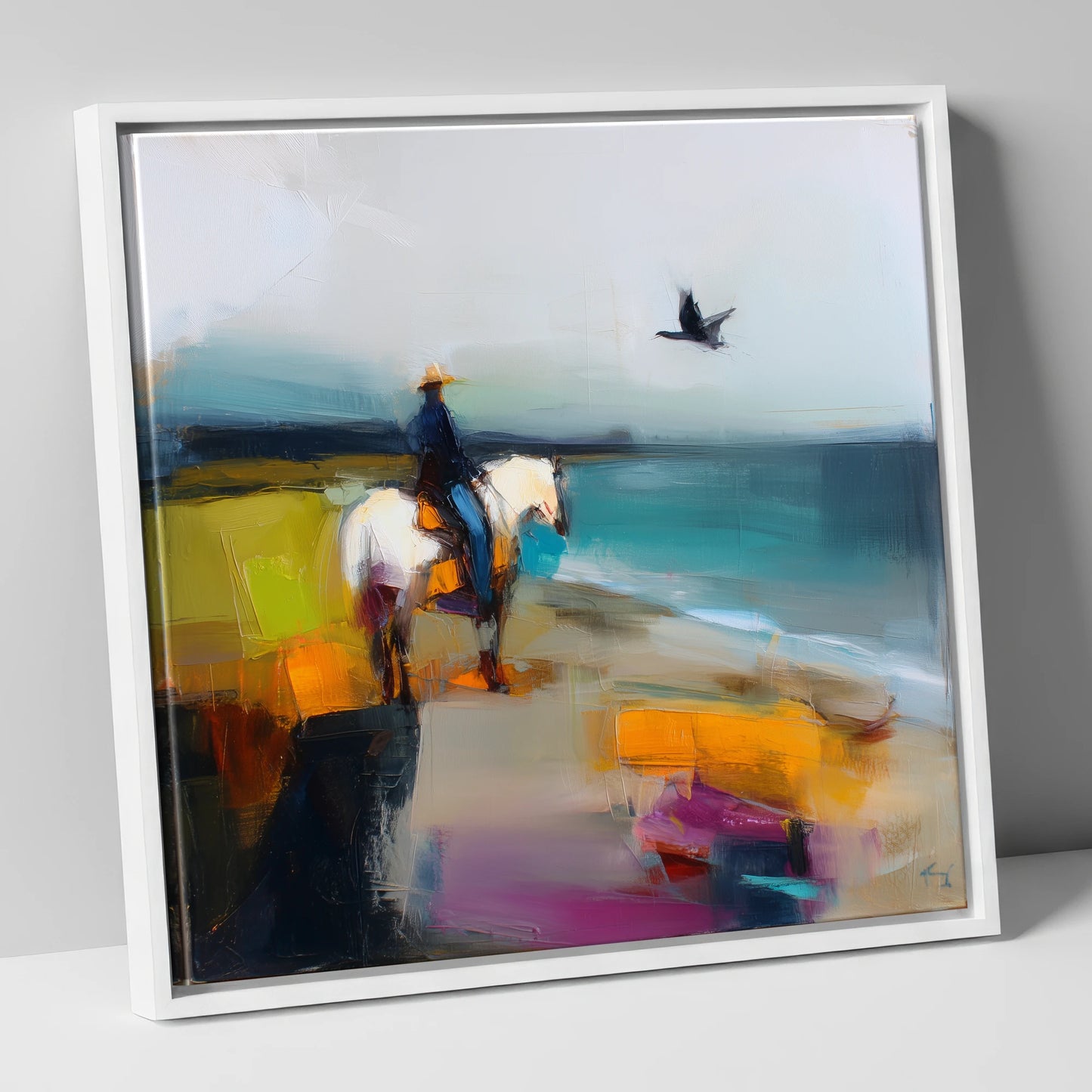 Vibrant Shoreline Hack beach horse canvas wall art in white frame