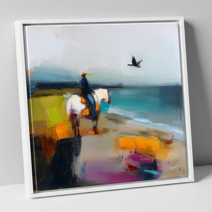 Vibrant Shoreline Hack beach horse canvas wall art in white frame