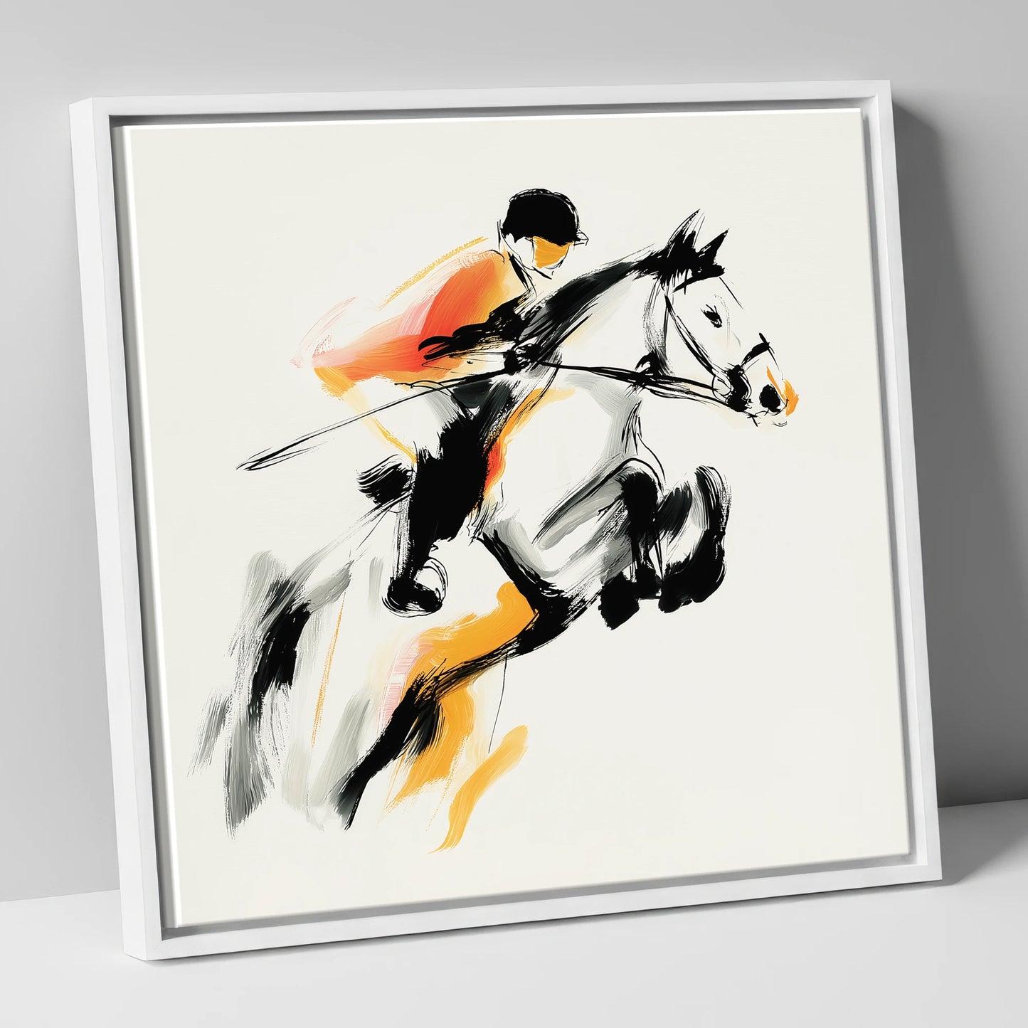 Suspended Momentum show jumping horse canvas wall art in white frame