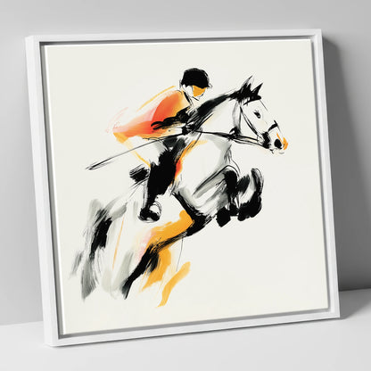 Suspended Momentum show jumping horse canvas wall art in white frame