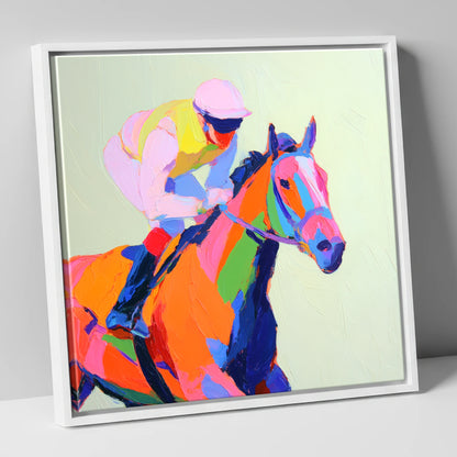 Vibrant Final Furlong racing horse canvas wall art in white frame