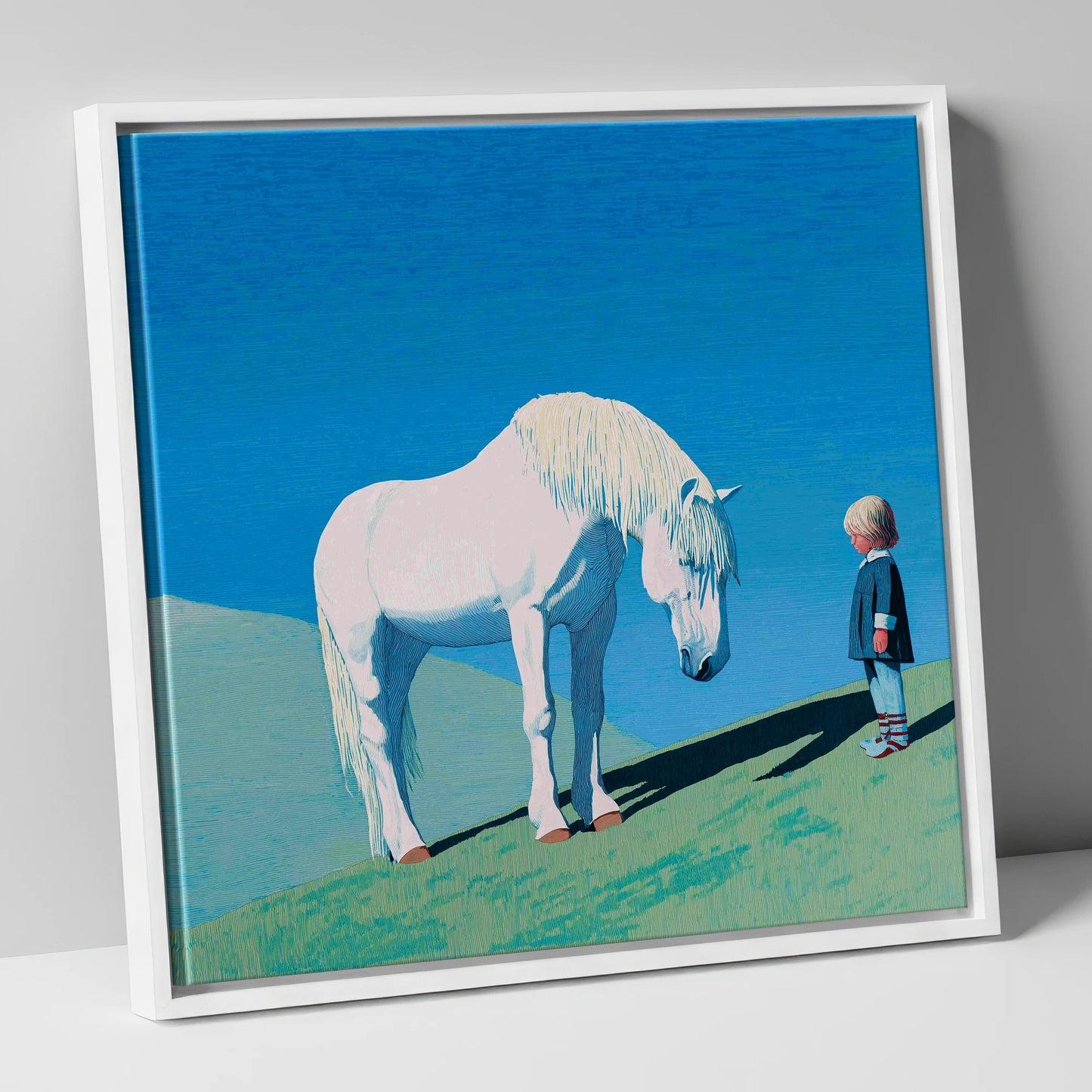 The Gentle Meeting horse & rider canvas wall art in white frame
