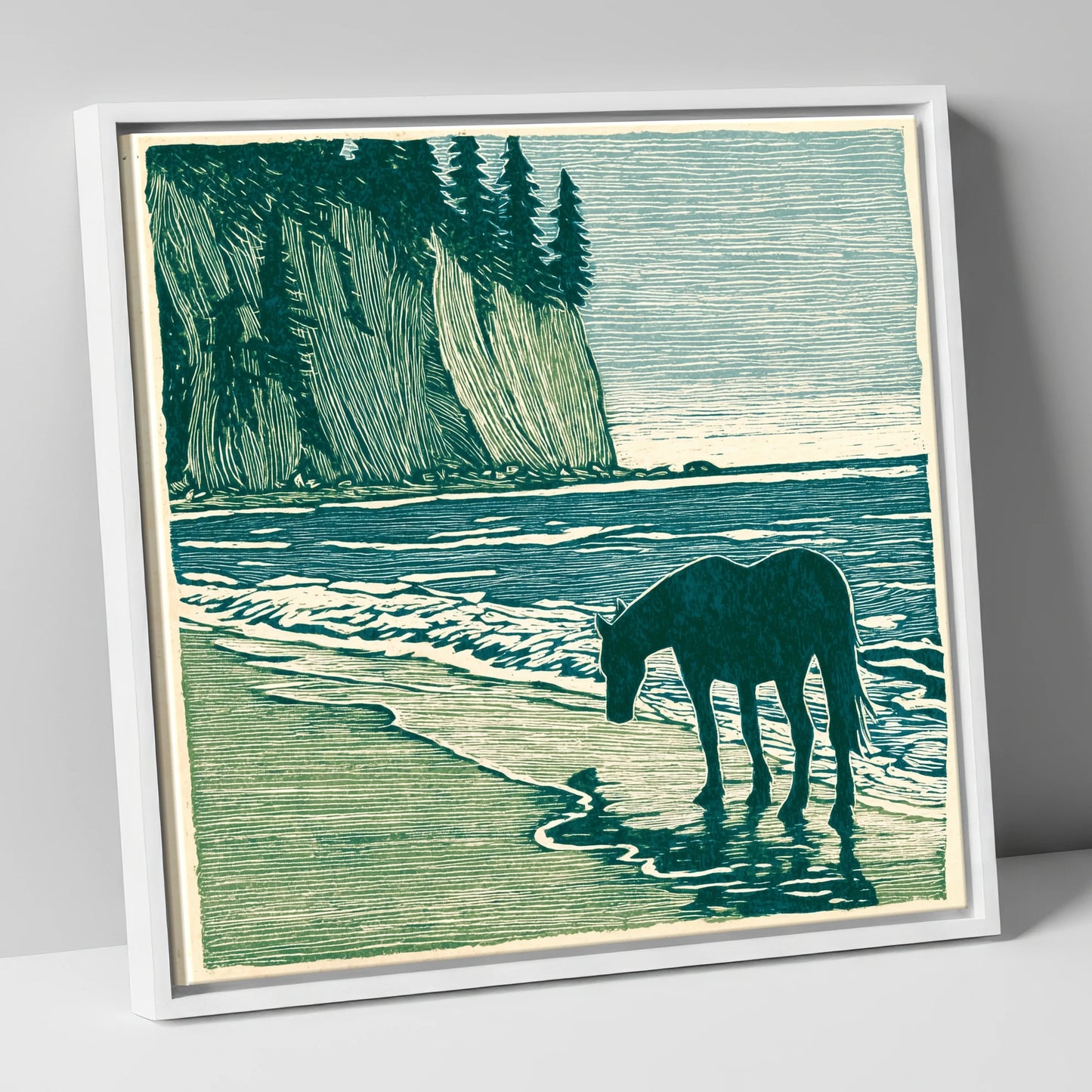 Coastal Waters Retreat horse landscape canvas wall art in white frame