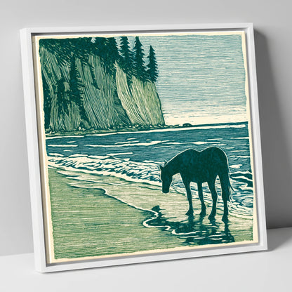 Coastal Waters Retreat horse landscape canvas wall art in white frame