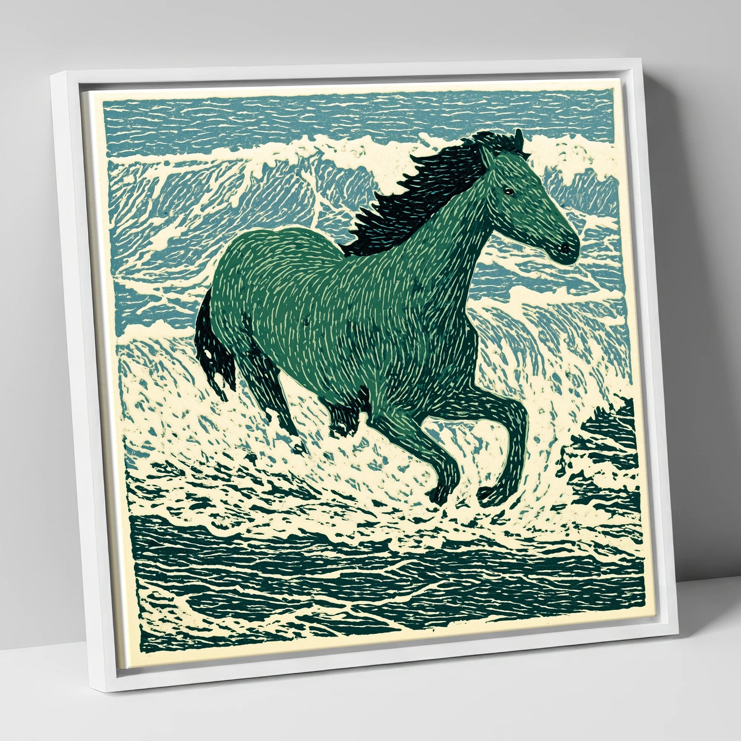 Emerald Surf Canter beach horse canvas wall art in white frame