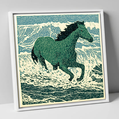 Emerald Surf Canter beach horse canvas wall art in white frame