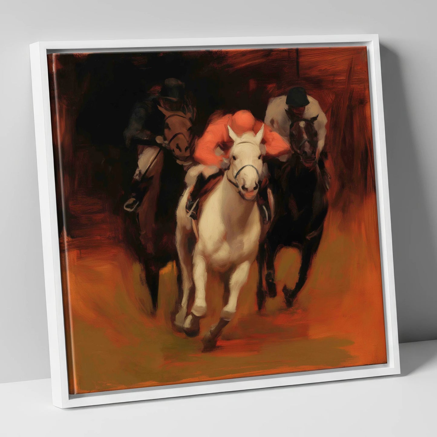 Breaking from the Pack racing horse canvas wall art in white frame