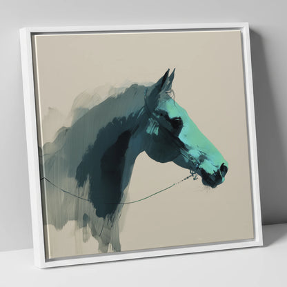 Teal Shadow Profile horse portrait canvas wall art in white frame