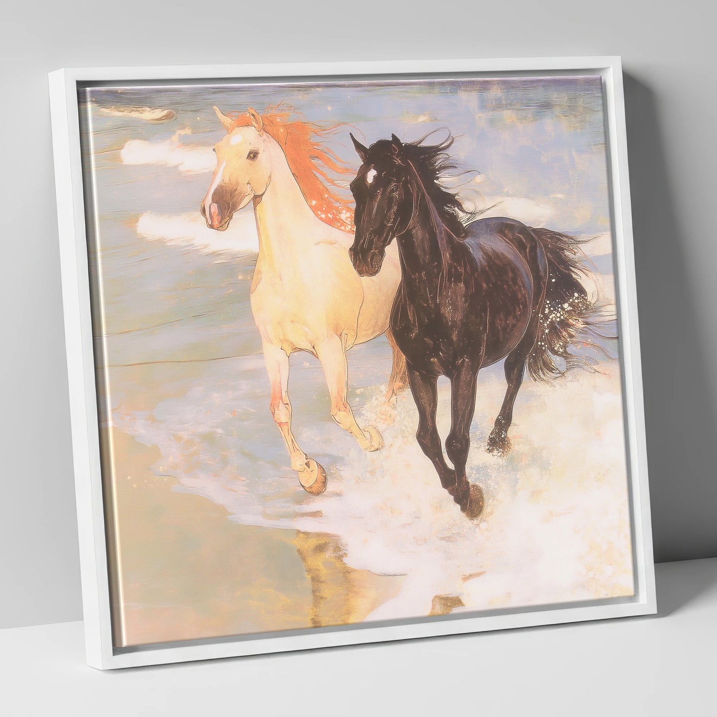Ethereal Tide Gallop horse landscape canvas wall art in white frame