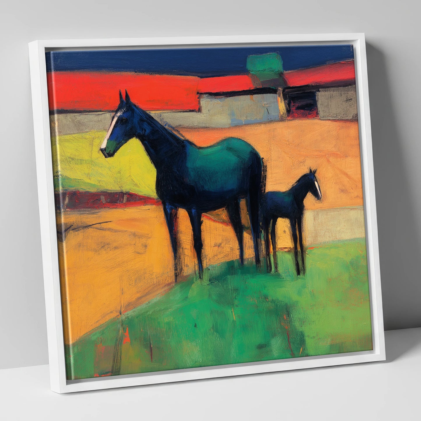 Midnight Sapphire Bond mare & foal canvas wall art in white frame