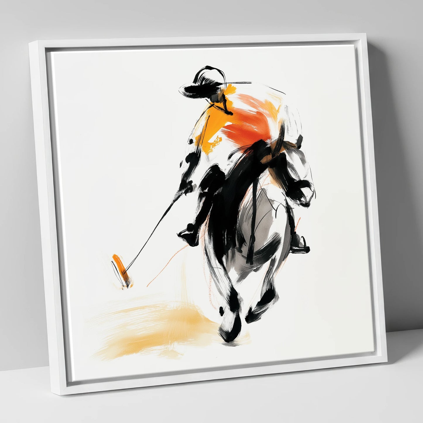 Amber Strike polo horse canvas wall art in white frame