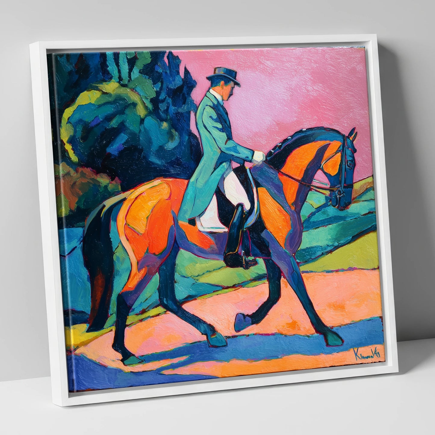 Bold Dressage Harmony dressage horse canvas wall art in white frame