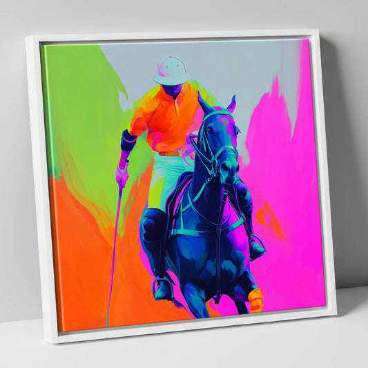 Neon Chukka polo horse canvas wall art in white frame