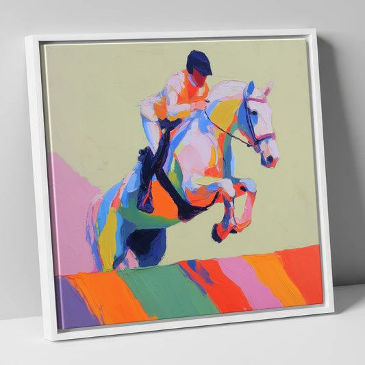 Technicolour Leap show jumping horse canvas wall art in white frame