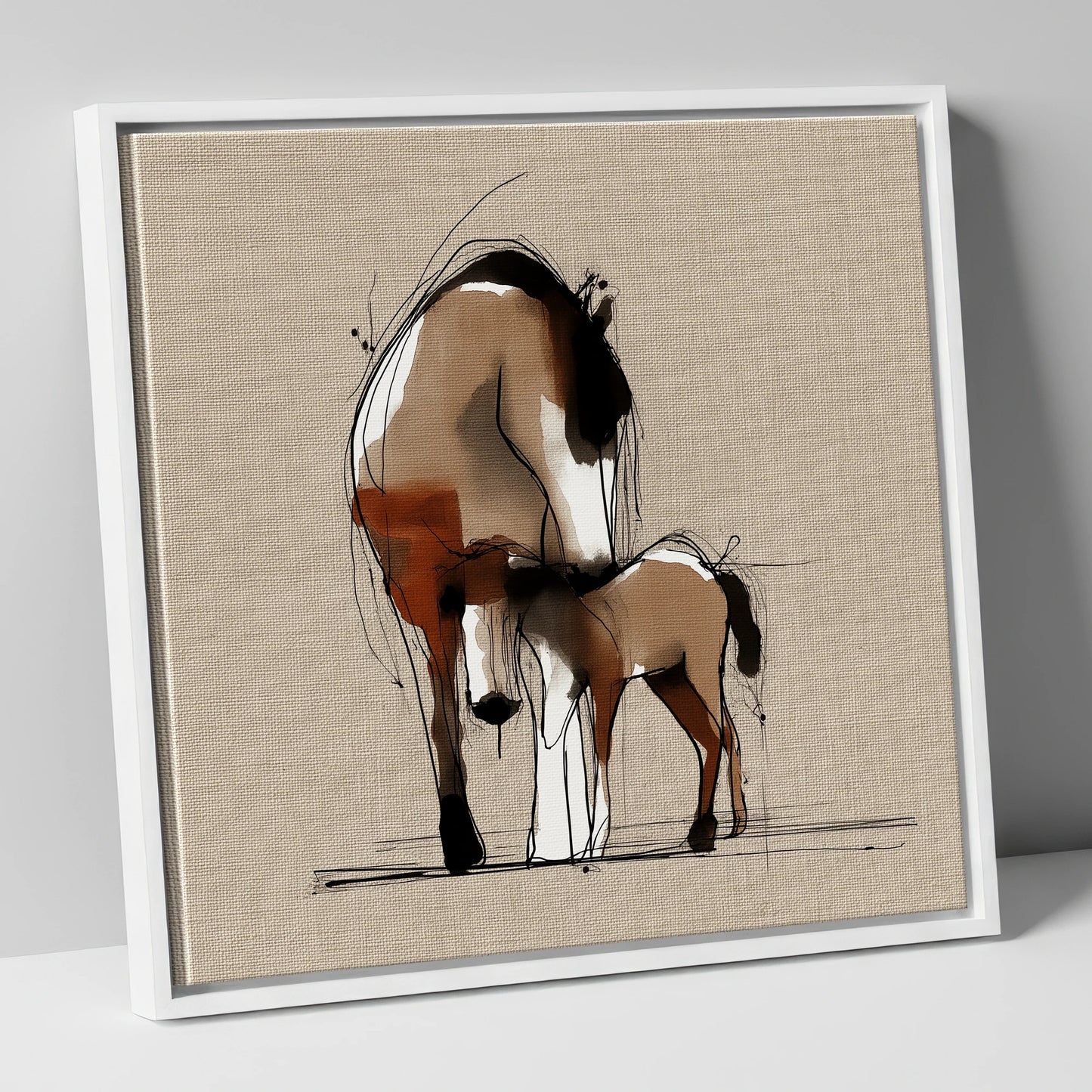Tender Sepia Bond mare & foal canvas wall art in white frame