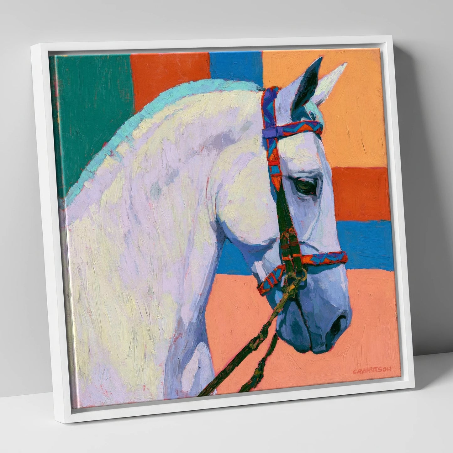 Grey Horse With Patterned Bridle horse breed canvas wall art in white frame
