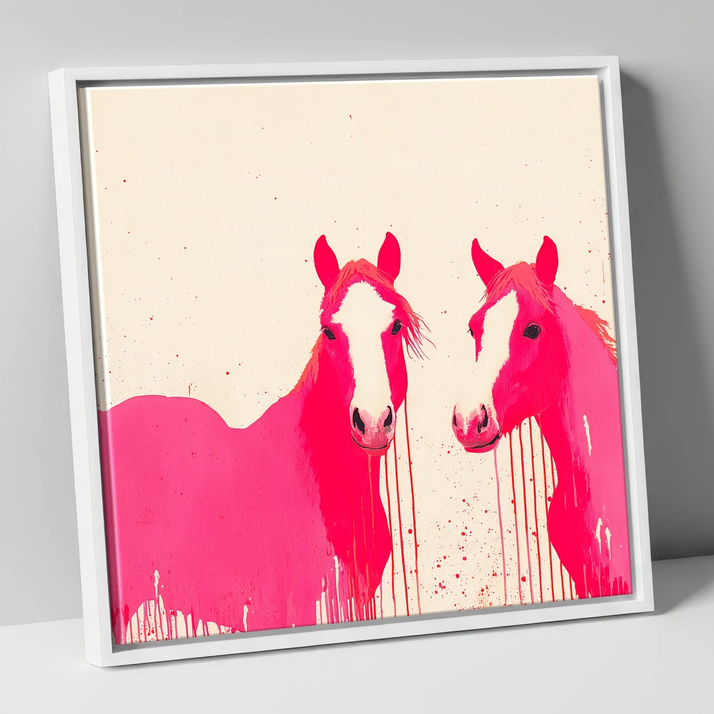 Vivid Pink Companions horse landscape canvas wall art in white frame