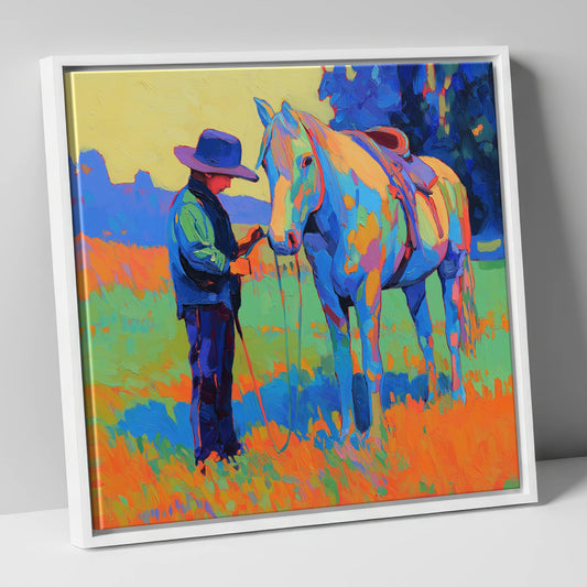 Cobalt Connection horse & rider canvas wall art in white frame