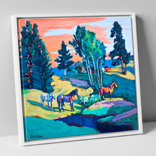 Vibrant Summer Pastures horse landscape canvas wall art in white frame