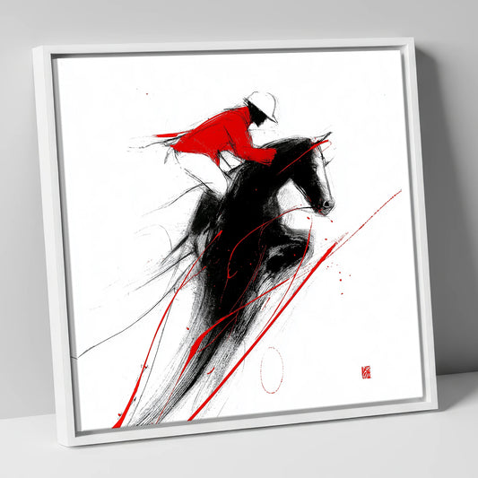 Flight in Crimson show jumping horse canvas wall art in white frame