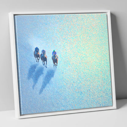 Luminous Morning Gallop racing horse canvas wall art in white frame