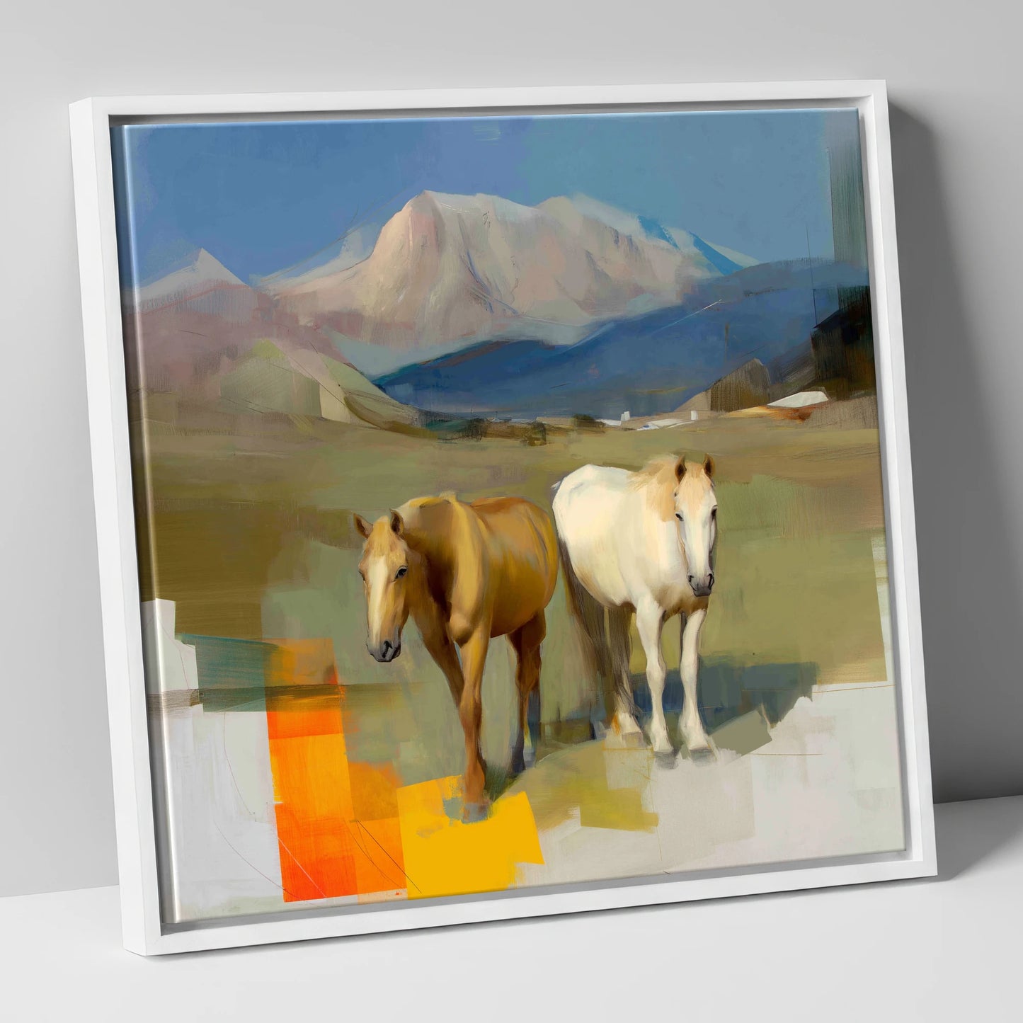 Abstract Alpine Companions horse landscape canvas wall art in white frame