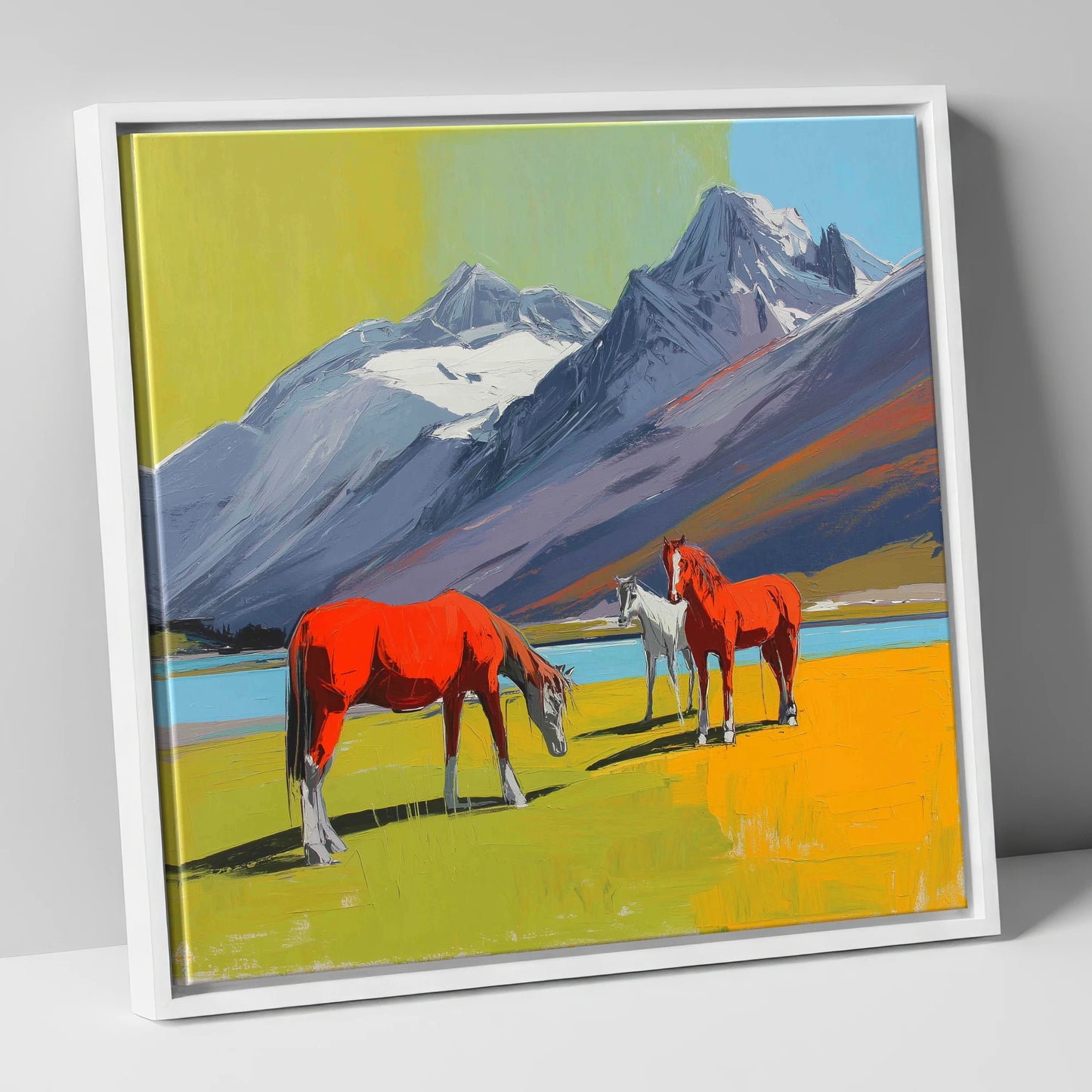 Vibrant Mountain Grazing horse landscape canvas wall art in white frame
