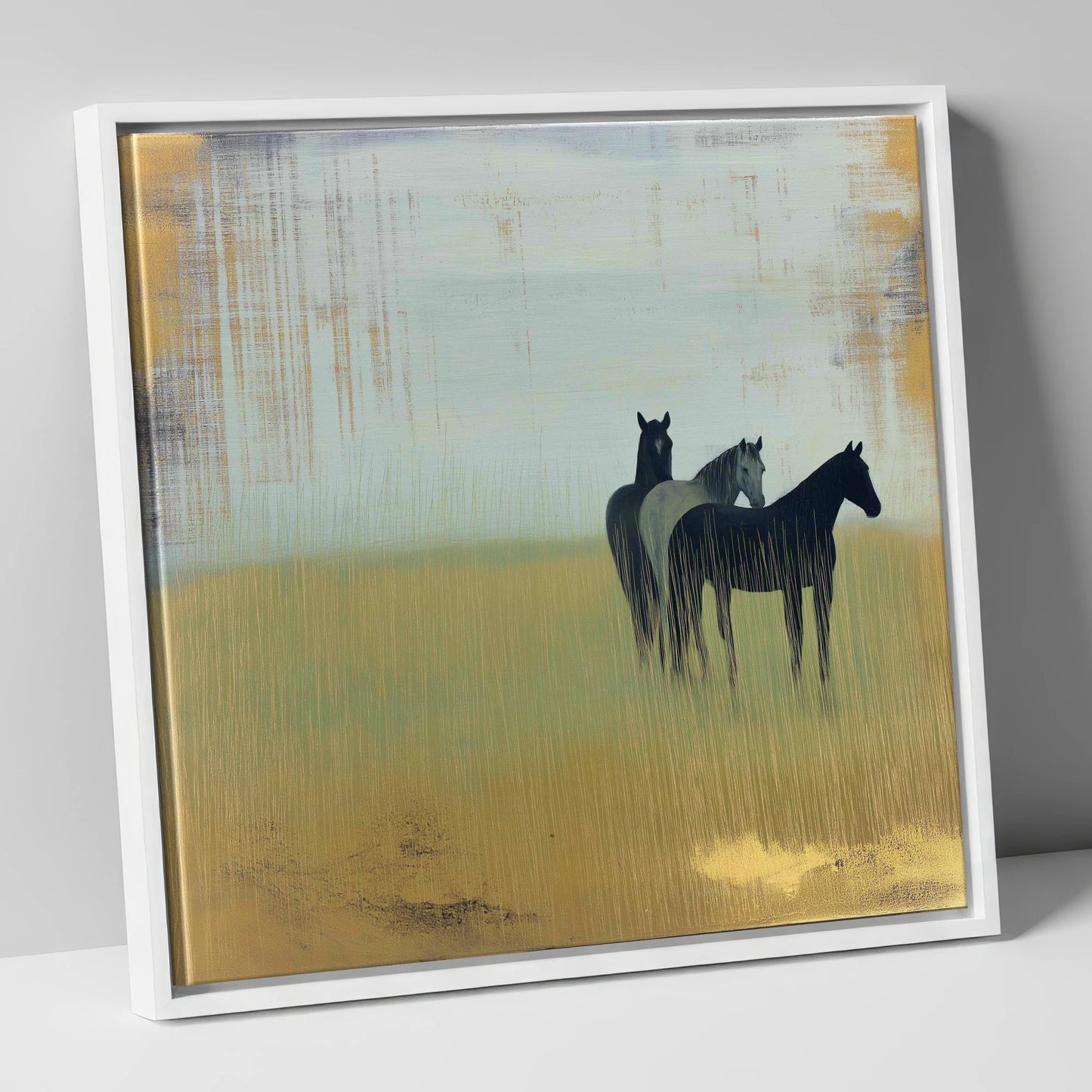 Gilded Meadow Watchers wild horses canvas wall art in white frame