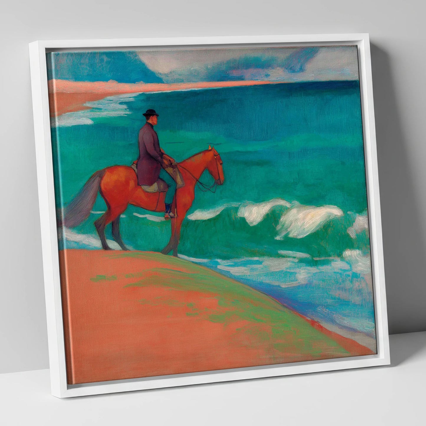 Chestnut By The Emerald Shore horse landscape canvas wall art in white frame