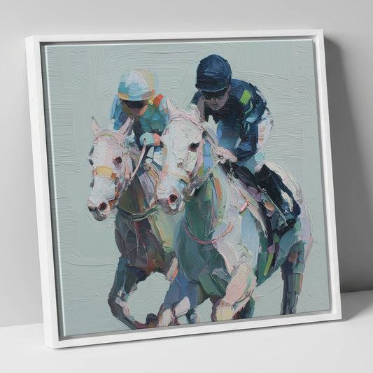 The Final Furlong racing horse canvas wall art in white frame