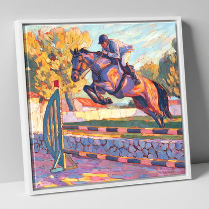 Sunset Flight show jumping horse canvas wall art in white frame