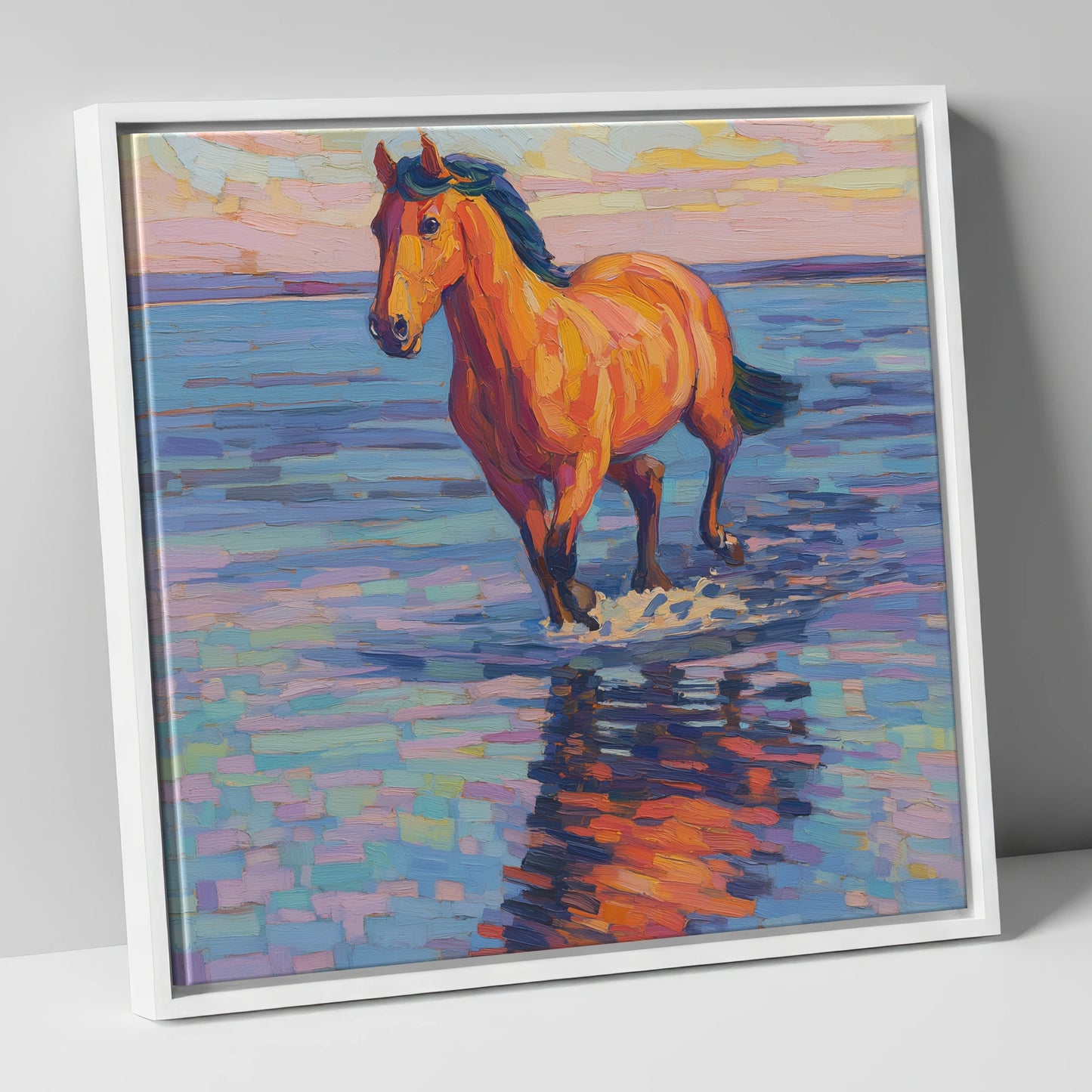 Sunset Shallows Stride beach horse canvas wall art in white frame